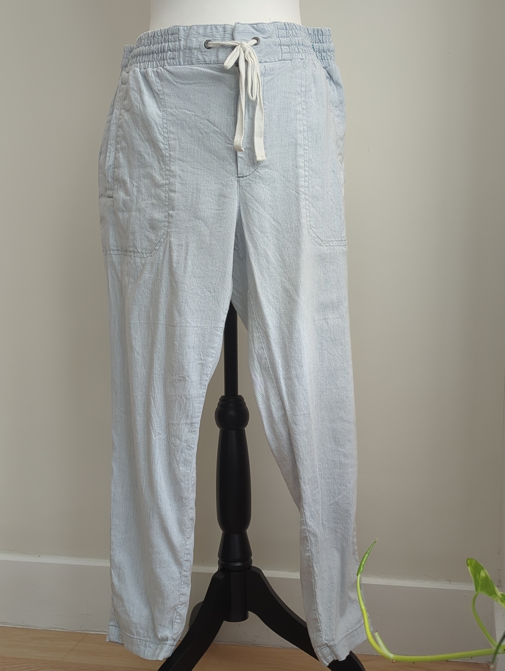 Lou & Grey Stripe Linen Pants Blue White Pinstripe Drawstring Beach Lounge LARGE